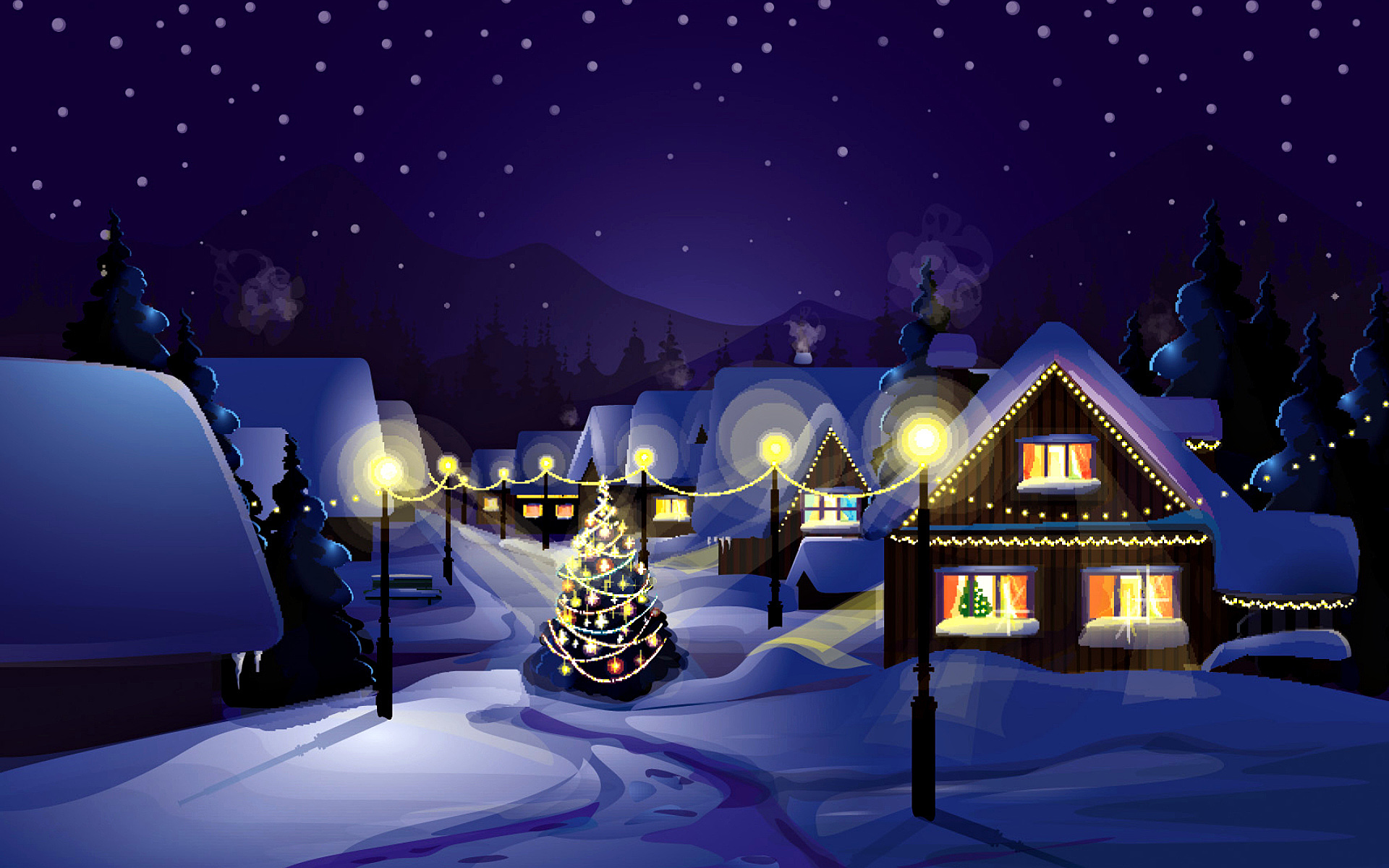 Рождество, Новый Год, деревня, село, ночь, hd обои