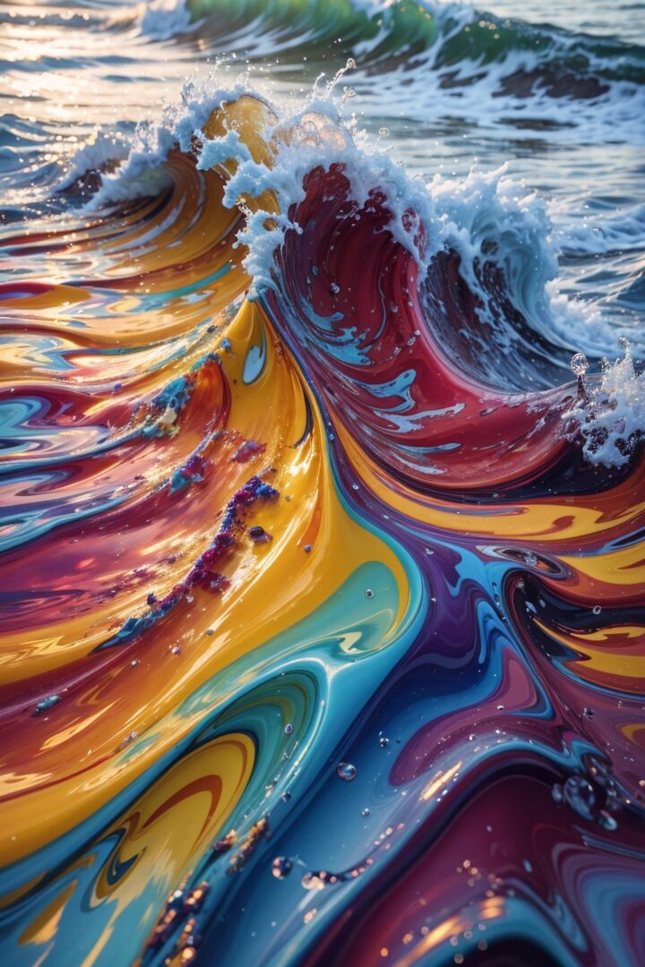 A big realistic and colorful melted aluminium wave as in a lsd trip